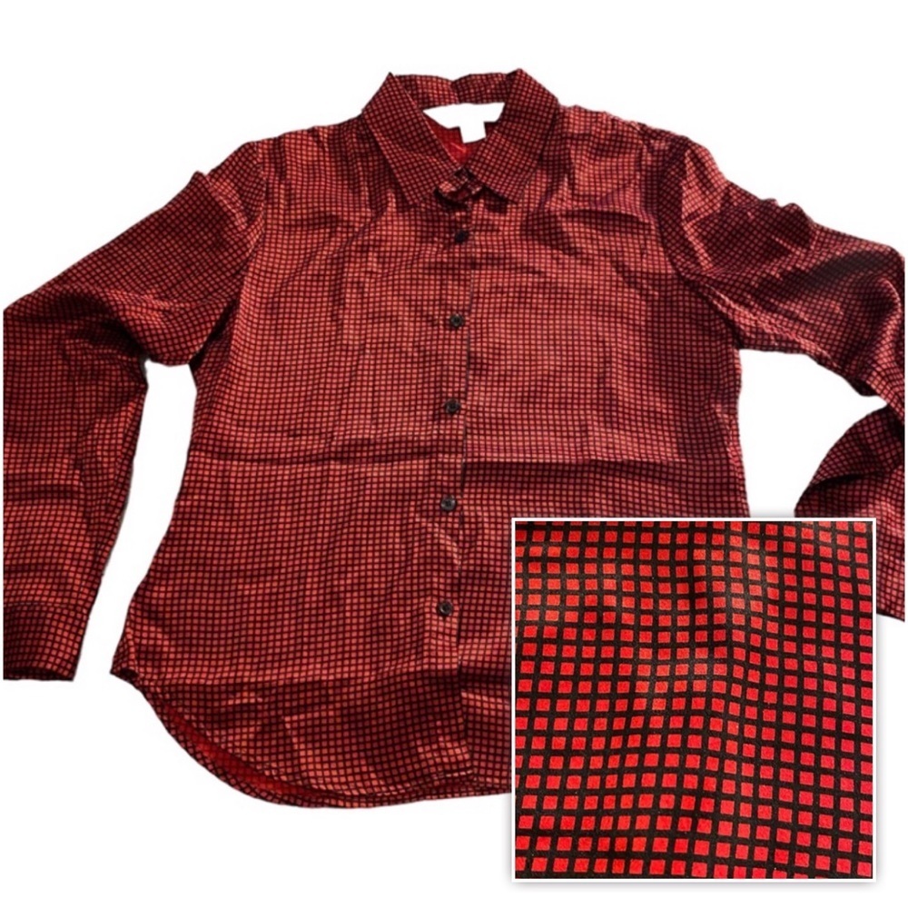 Vintage Casual Corner Annex Silk Blouse Red and Black Checkered Sz 4 Petite